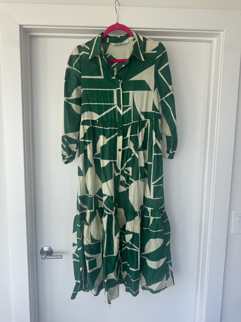Zara Green and Cream Geometric Maxi Shirt Dress